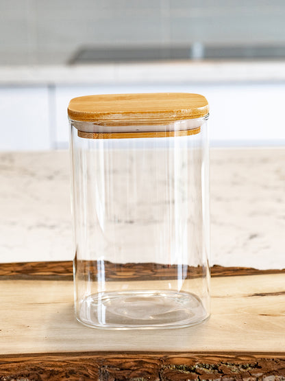 Units of Square Bamboo Lid Jars (6.5 oz, 13.5 oz, 22 oz, 27 oz), Glass Jars with Bamboo Lids, Cereal Container
