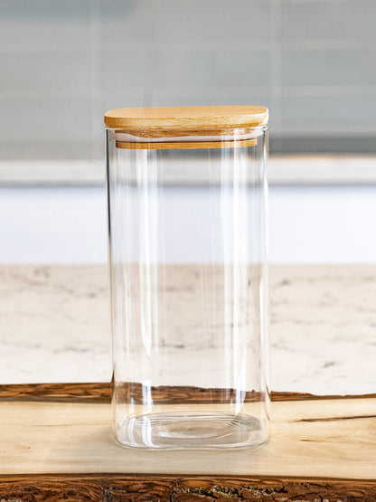 Units of Square Bamboo Lid Jars (6.5 oz, 13.5 oz, 22 oz, 27 oz), Glass Jars with Bamboo Lids, Cereal Container