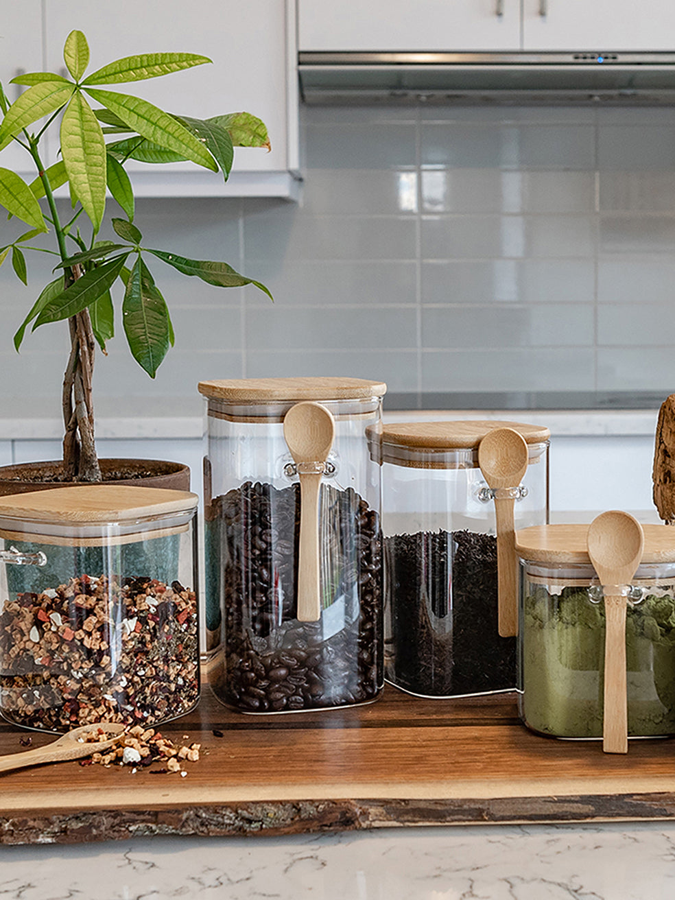 Units of Tea & Coffee Square Storage Jars (18.5 oz, 25 oz, 34 oz, 44 oz), Airtight Container, Food Containers, glass containers with lids