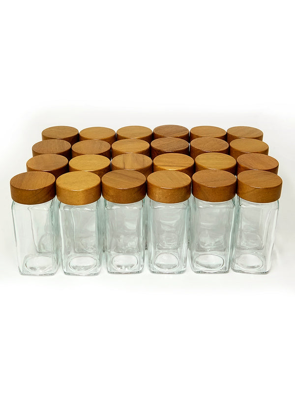 Set of 24 pcs (4 oz) Airtight Square Acacia Wood Screw Cap Glass Spice Jar