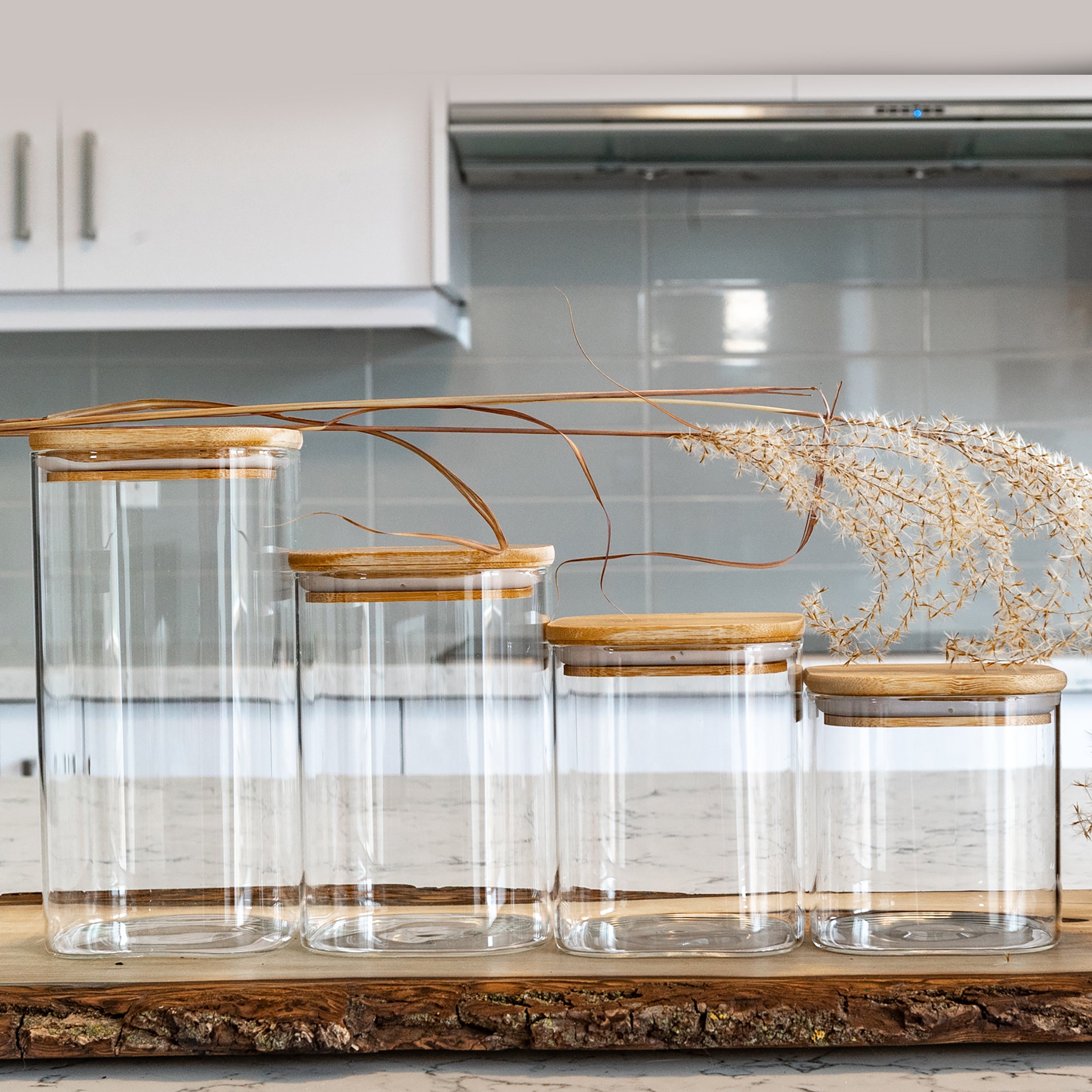 Set of 4 Square Bamboo Lid Jars (6.5, 13.5, 22, 27 oz.), Glass Jars with Bamboo Lids, Cereal Container