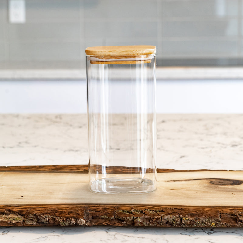 Square Bamboo Lid Jars (6.5, 13.5, 22, 27 oz.), Glass Jars with Bamboo Lids, Cereal Container