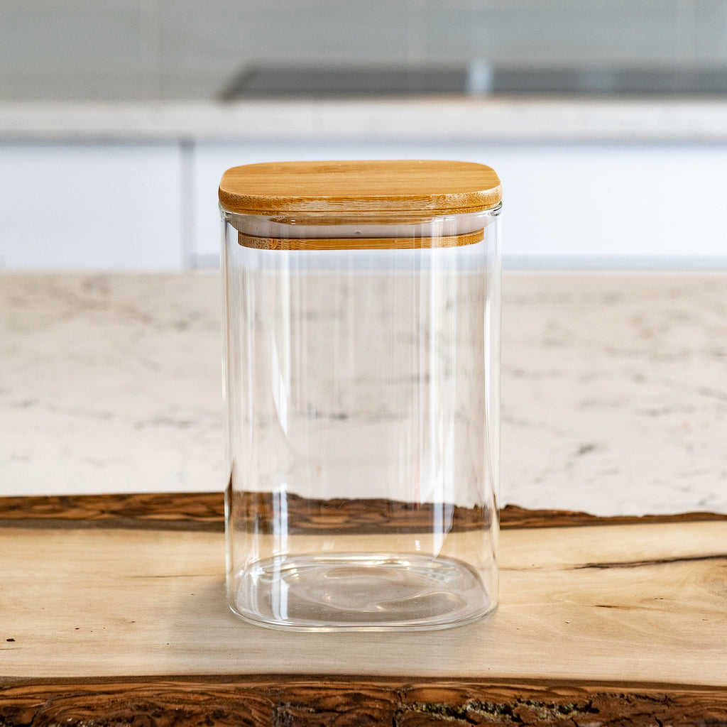 SET of 3 Square Bamboo Jars (24, 29, 34 oz. ), Pantry Storage Containers, Flour Container, Cereal Container