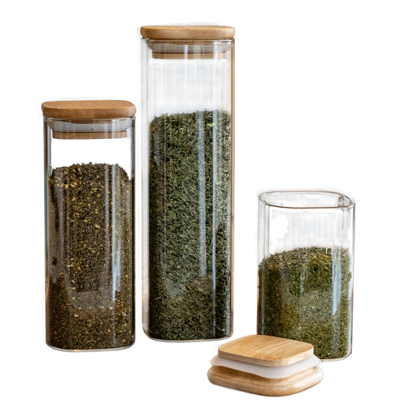 Square Bamboo Lid Jars 2.5" wide (6, 7.5, 11, 13.5, 16 oz), Food Containers, Jars for Spices