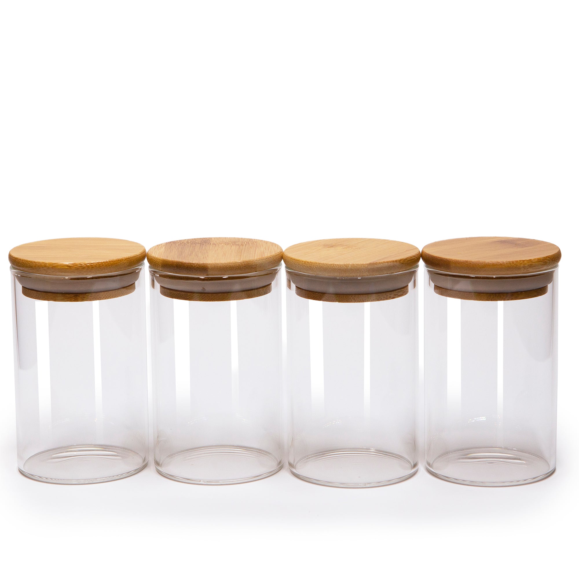 Set of 4 Round Bamboo Spice Jars (2.5" Wide), Jars for Spices (8.5, 10, 12, 15 oz), Airtight Containers