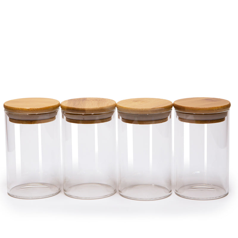 Set of 4 Round Bamboo Spice Jars (2.5" Wide), Jars for Spices (8.5, 10, 12, 15 oz), Airtight Containers