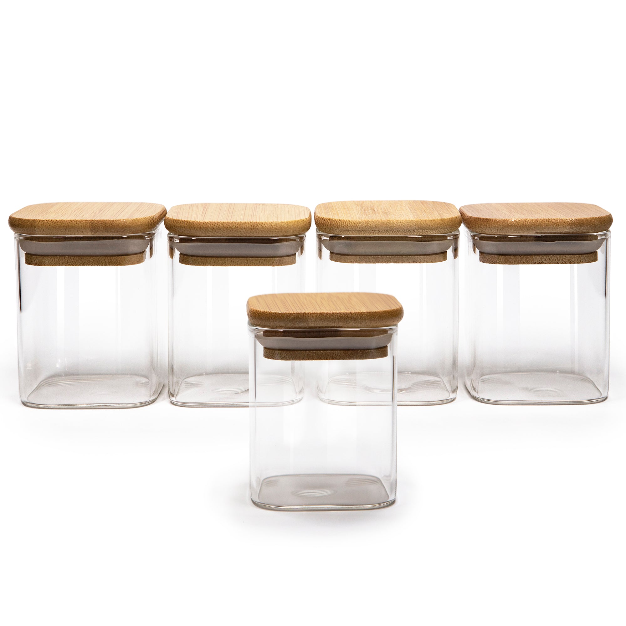 Set of 5 Square Bamboo Lid Jars 2.5" wide (6, 7.5, 11, 13.5, 16 oz), Food Containers, Jars for Spices
