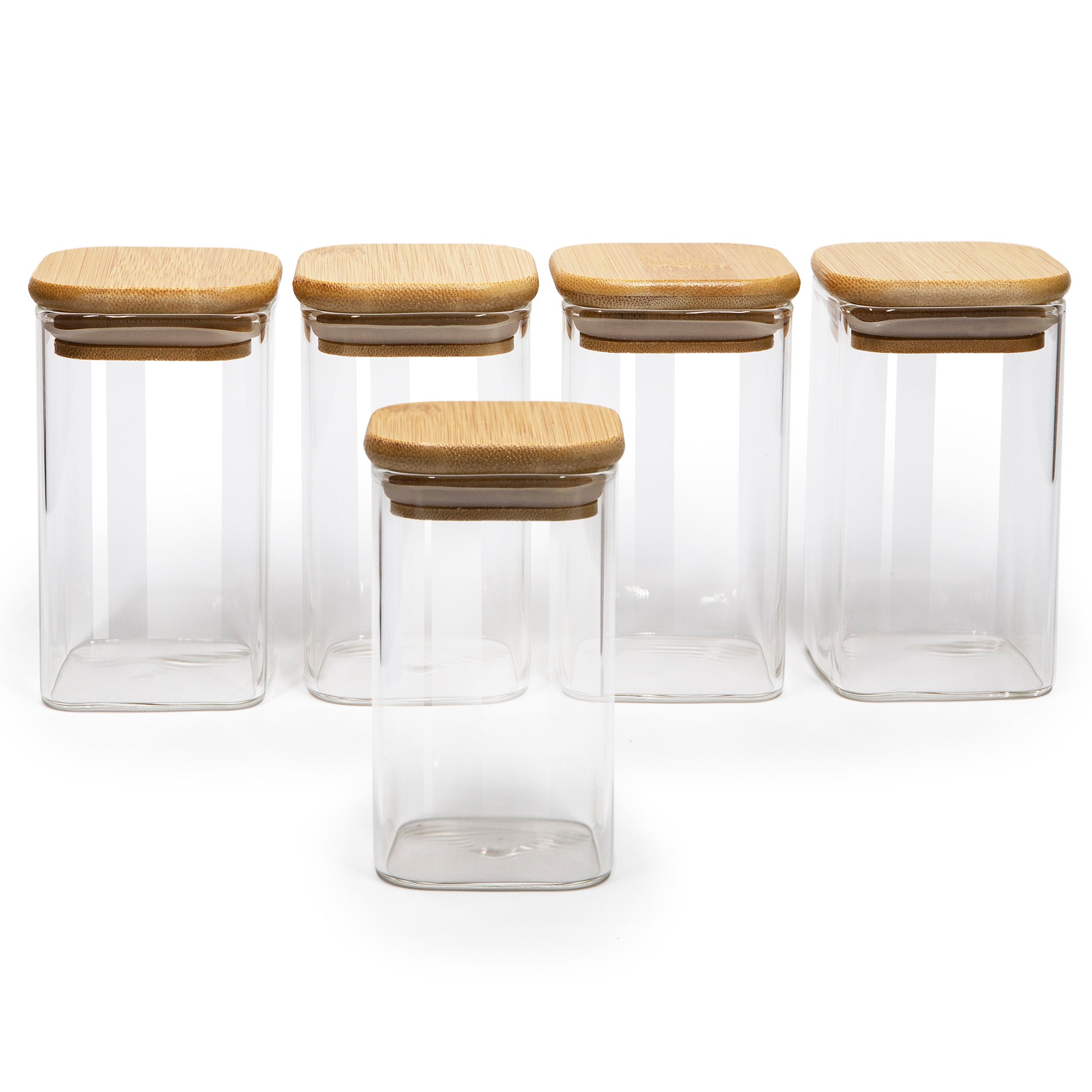 Set of 5 Square Bamboo Lid Jars 2.5" wide (6, 7.5, 11, 13.5, 16 oz), Food Containers, Jars for Spices
