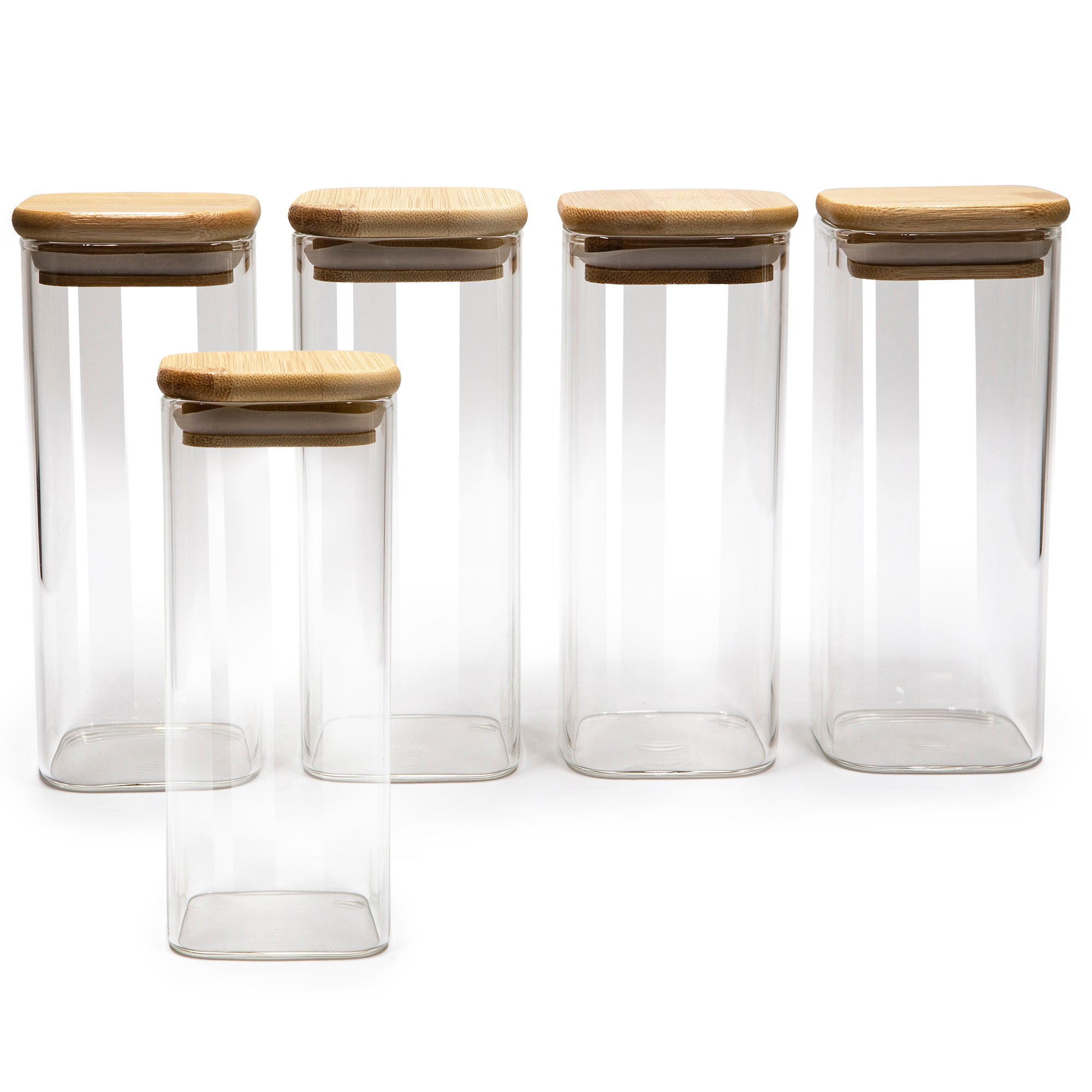 Set of 5 Square Bamboo Lid Jars 2.5" wide (6, 7.5, 11, 13.5, 16 oz), Food Containers, Jars for Spices