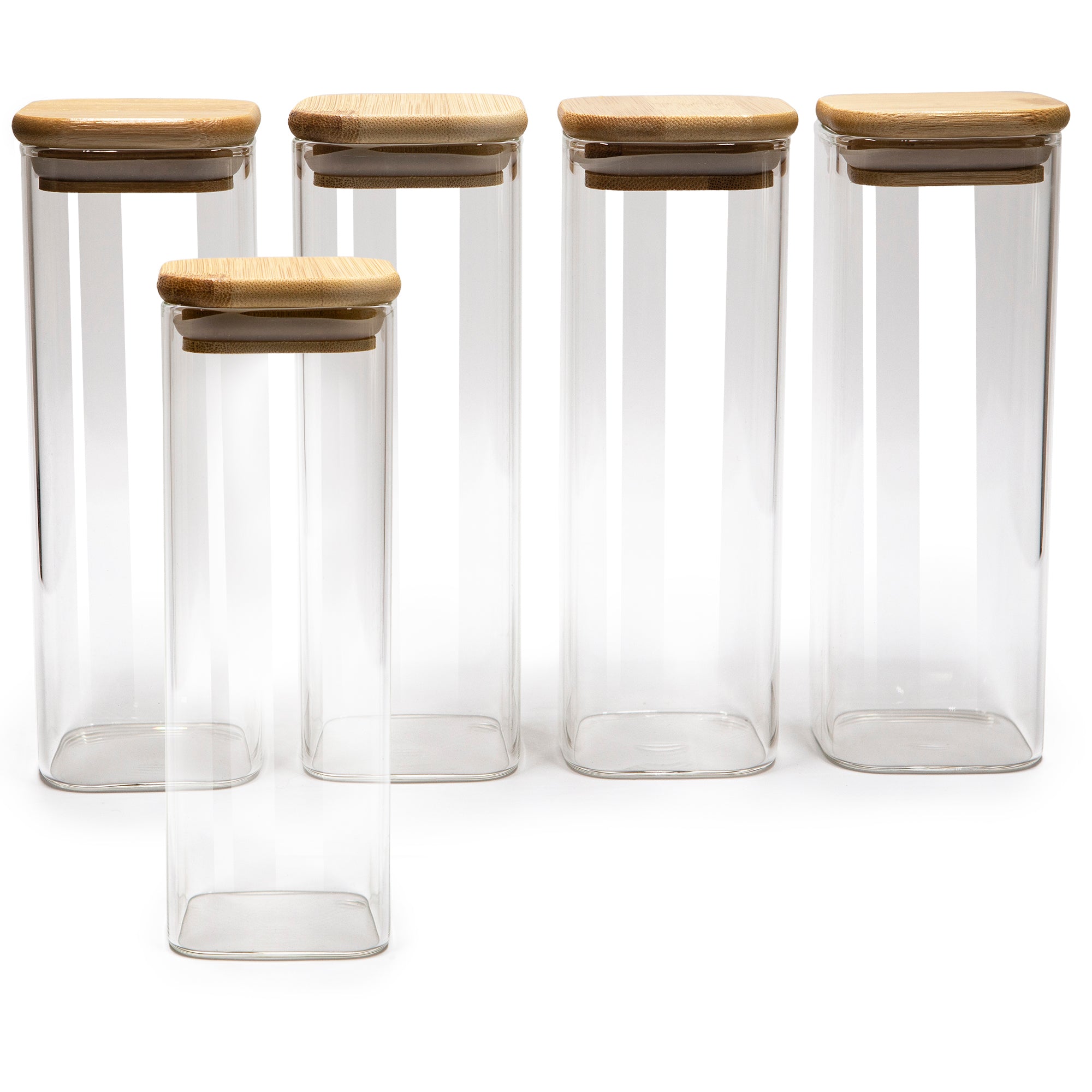 Set of 5 Square Bamboo Lid Jars 2.5" wide (6, 7.5, 11, 13.5, 16 oz), Food Containers, Jars for Spices
