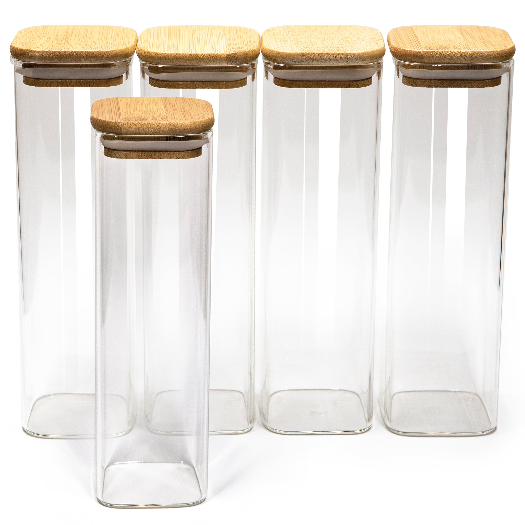 Set of 5 Square Bamboo Lid Jars 2.5" wide (6, 7.5, 11, 13.5, 16 oz), Food Containers, Jars for Spices