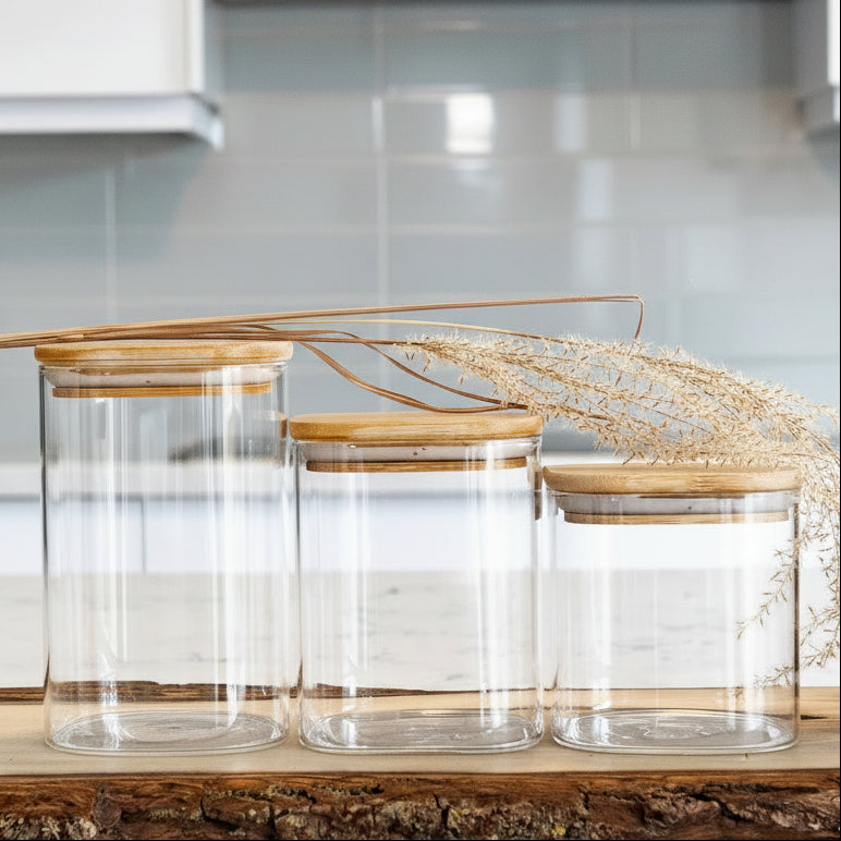 SET of 3 Square Bamboo Jars (24, 29, 34 oz. ), Pantry Storage Containers, Flour Container, Cereal Container