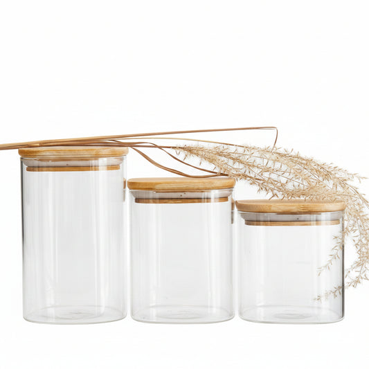 SET of 3 Square Bamboo Jars (24, 29, 34 oz. ), Pantry Storage Containers, Flour Container, Cereal Container