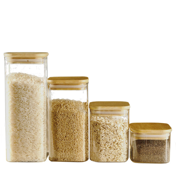 Square Bamboo Lid Jars (6.5, 13.5, 22, 27 oz.), Glass Jars with Bamboo Lids, Cereal Container