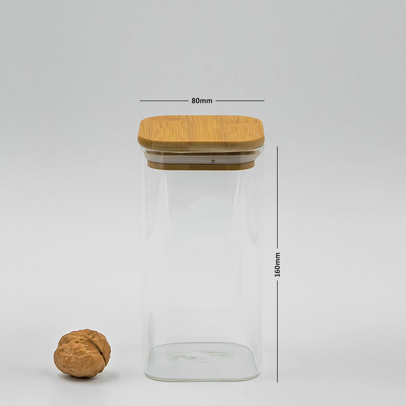 Square Bamboo Lid Jars (6.5, 13.5, 22, 27 oz.), Glass Jars with Bamboo Lids, Cereal Container