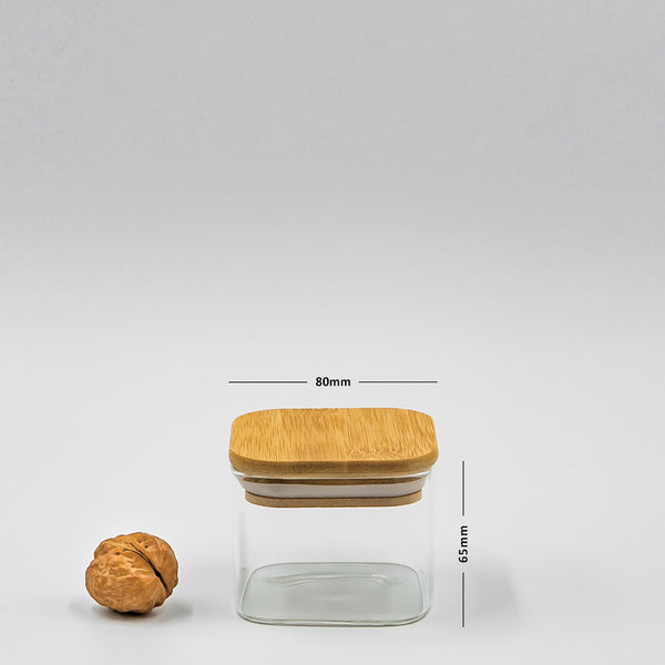 Set of 4 Square Bamboo Lid Jars (6.5, 13.5, 22, 27 oz.), Glass Jars with Bamboo Lids, Cereal Container