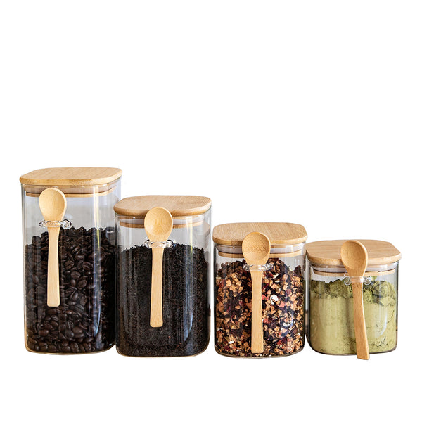 Tea & Coffee Square Jars with Bamboo Lids (18.5, 25, 34, 44 oz.), Airtight Container, Food Containers, glass containers with lids