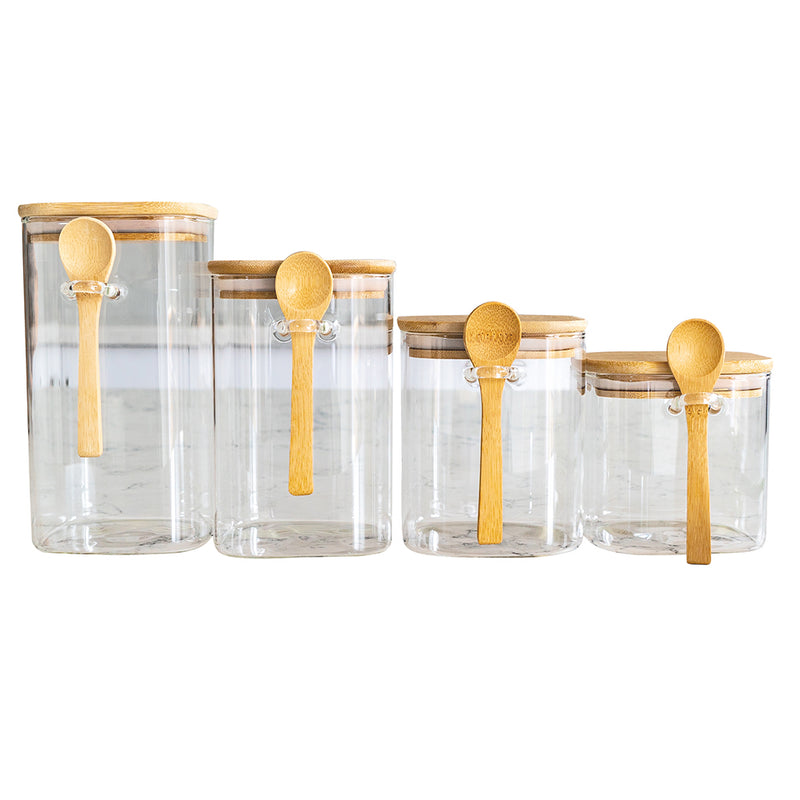 Tea & Coffee Square Jars with Bamboo Lids (18.5, 25, 34, 44 oz.), Airtight Container, Food Containers, glass containers with lids